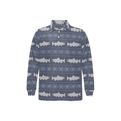 Salmon Fish Knit Style Print Design LKS304 Long Sleeve Polo Shirt For Men's