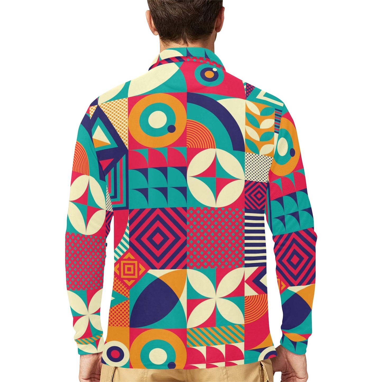 Mosaic Pattern Print Design 03 Long Sleeve Polo Shirt For Men's