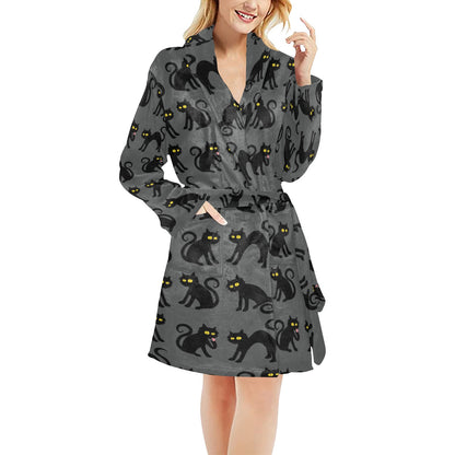 Black Cat Cute Print Pattern Women's Fleece Robe