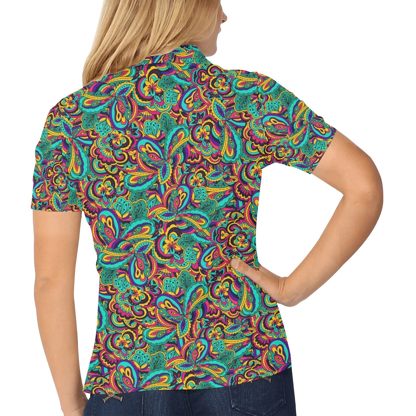 Psychedelic Trippy Floral Design Women's Polo Shirt