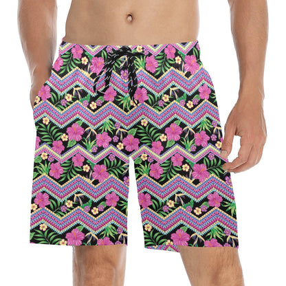 Hibiscus Pink Zigzag Line Pattern Design LKS307 Men's Swim Trunks Beach Shorts