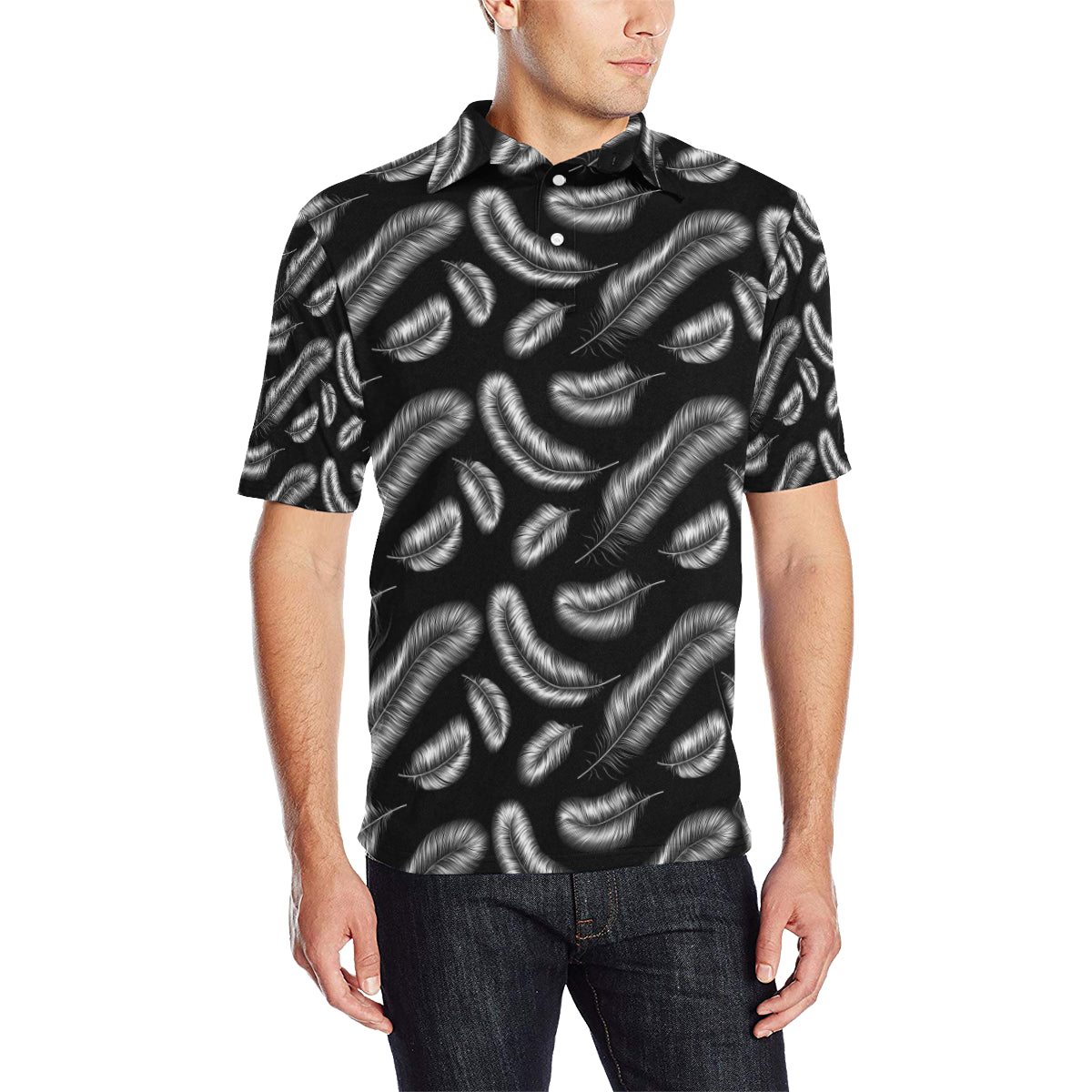 Feather Black White Design Print Men Polo Shirt