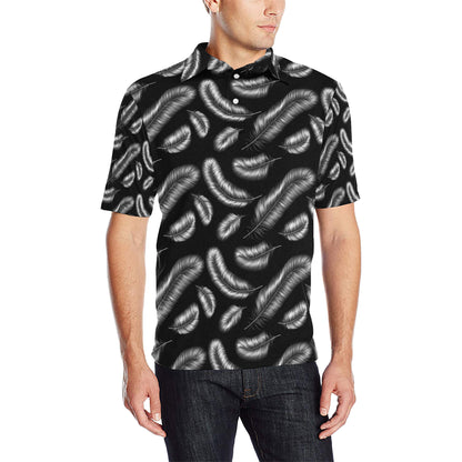 Feather Black White Design Print Men Polo Shirt