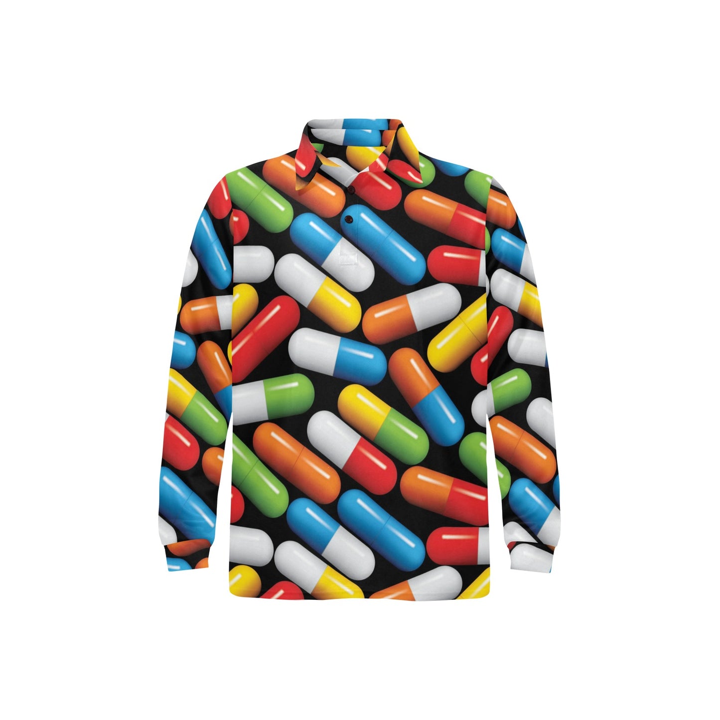 Pill Pattern Print Design A02 Long Sleeve Polo Shirt For Men's