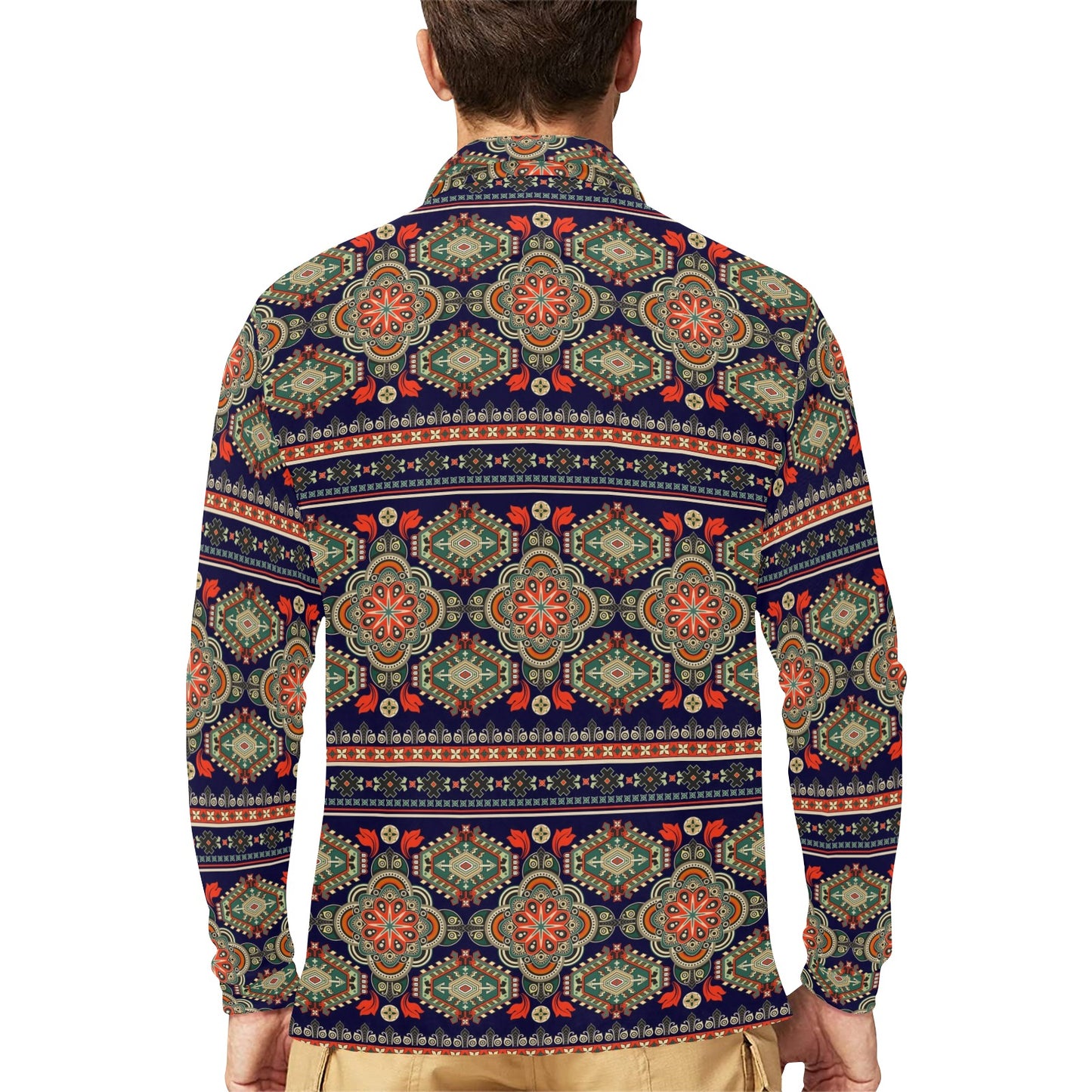 Ethnic Geometric Print Pattern Long Sleeve Polo Shirt For Men's