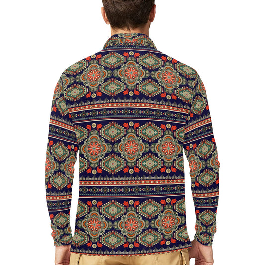 Ethnic Geometric Print Pattern Long Sleeve Polo Shirt For Men's