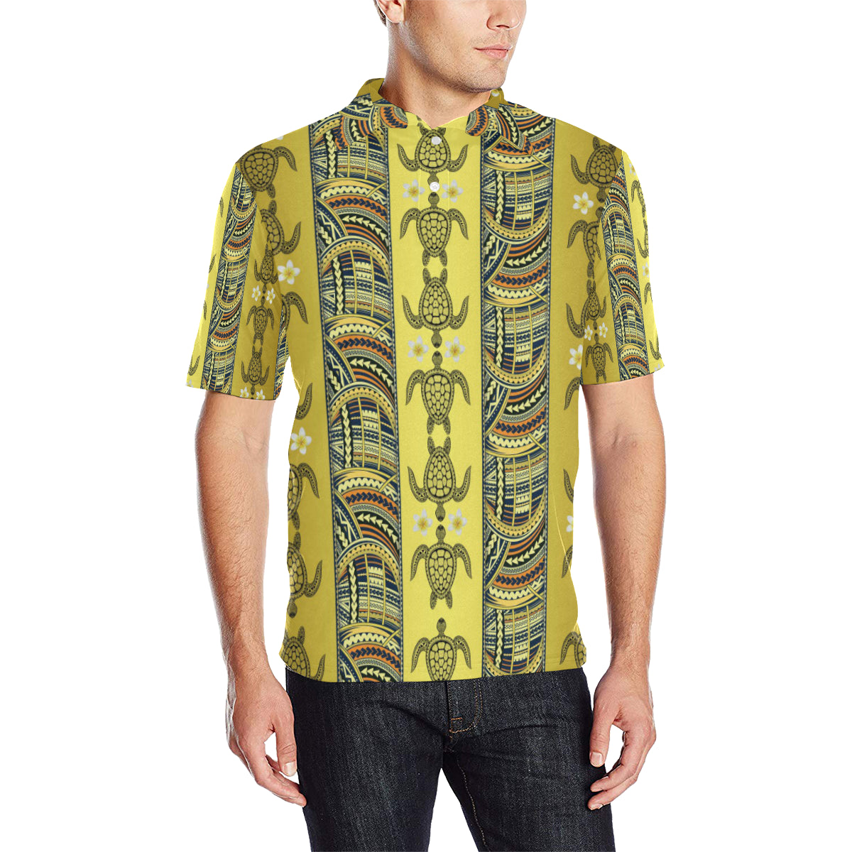 Polynesian Turtle Hawaiian Design Print Men Polo Shirt