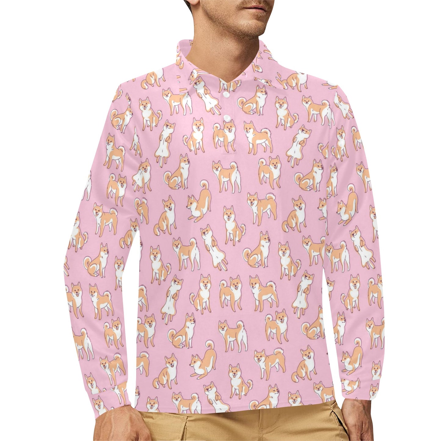 Shiba Inu Print Design LKS303 Long Sleeve Polo Shirt For Men's