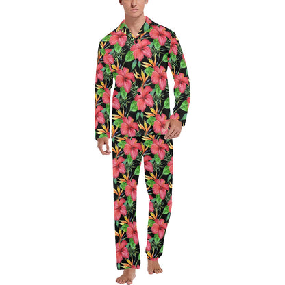 Red Hibiscus Pattern Print Design HB07 Men's Long Pajama Set