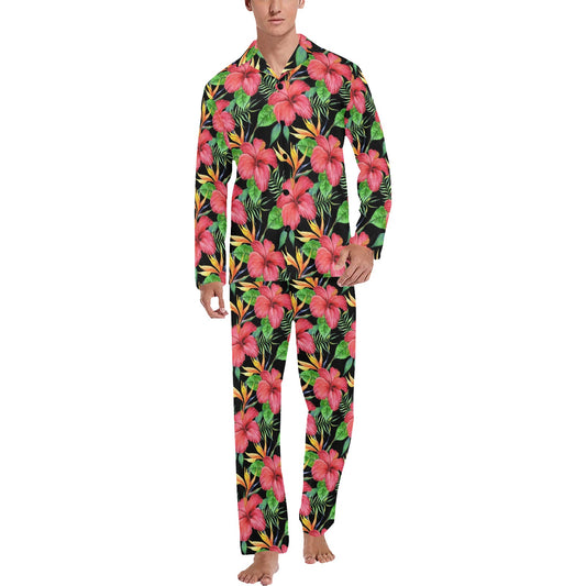 Red Hibiscus Pattern Print Design HB07 Men's Long Pajama Set