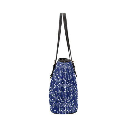 Music Note Blue Themed Print Leather Tote Bag