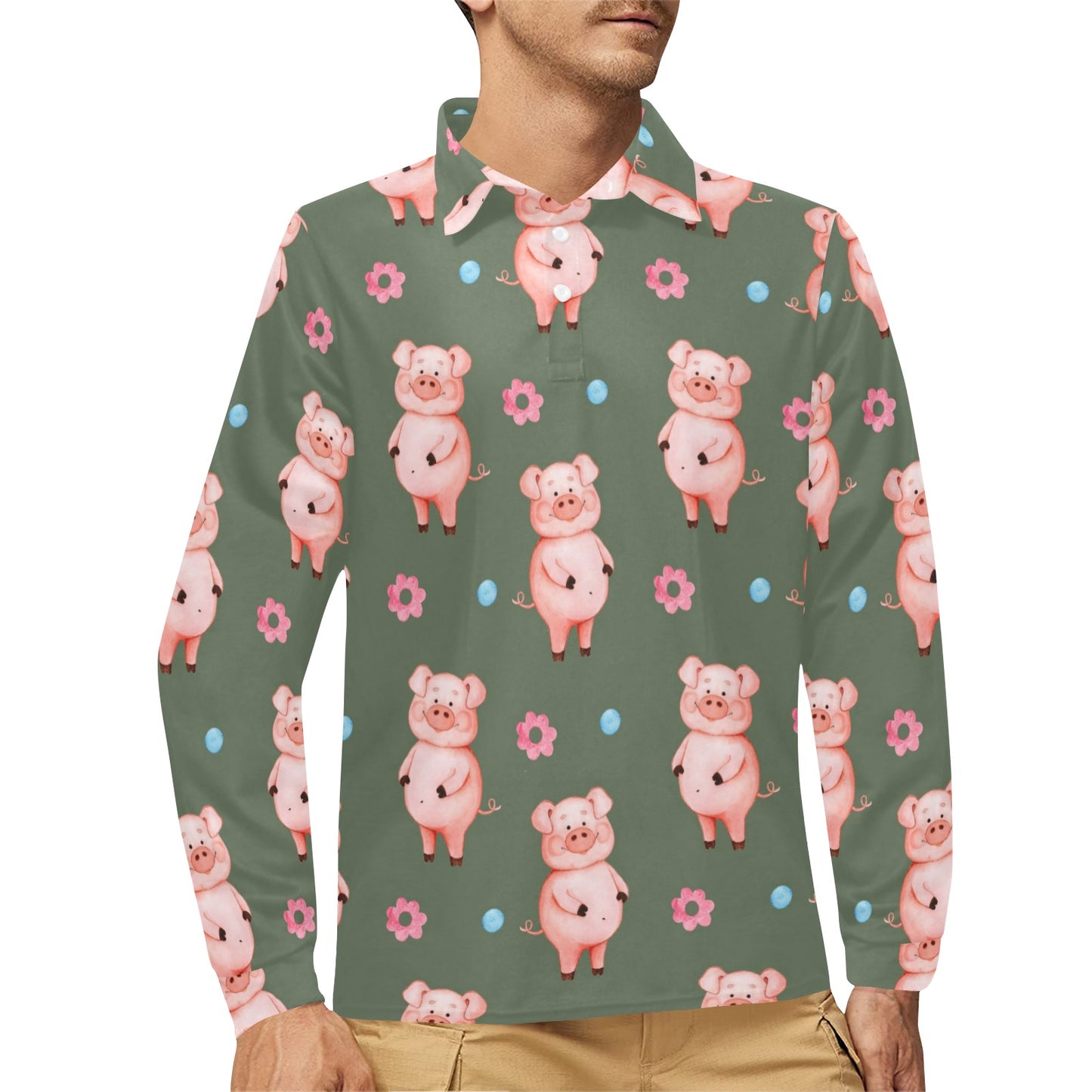 Pig Pattern Print Design 03 Long Sleeve Polo Shirt For Men's