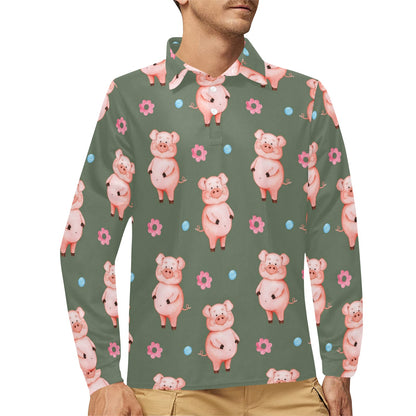 Pig Pattern Print Design 03 Long Sleeve Polo Shirt For Men's