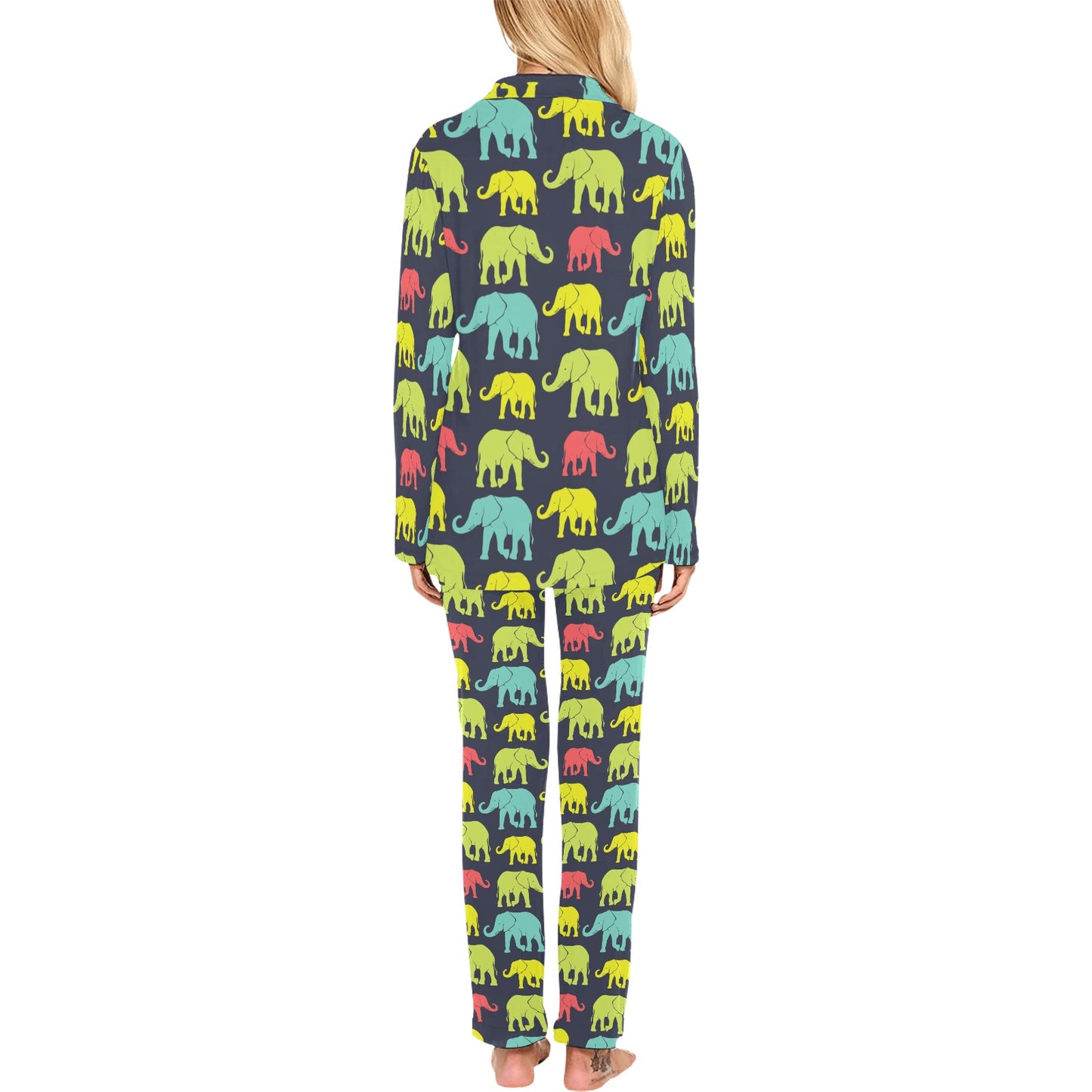 Elephant Neon Color Print Pattern Women's Long Pajama Set