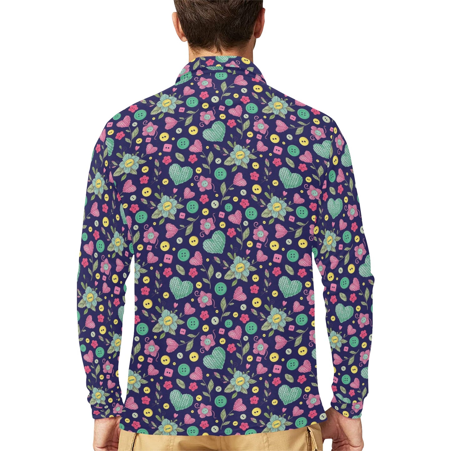 Crochet Pattern Print Design 02 Long Sleeve Polo Shirt For Men's
