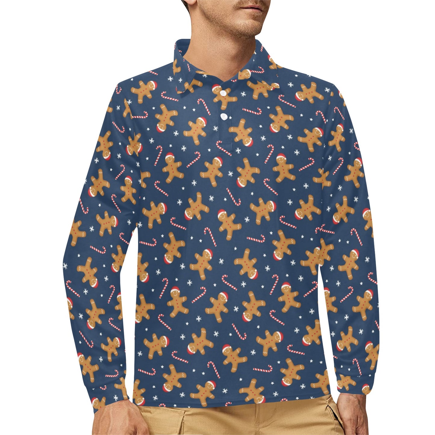 Gingerbread Pattern Print Design 01 Long Sleeve Polo Shirt For Men's