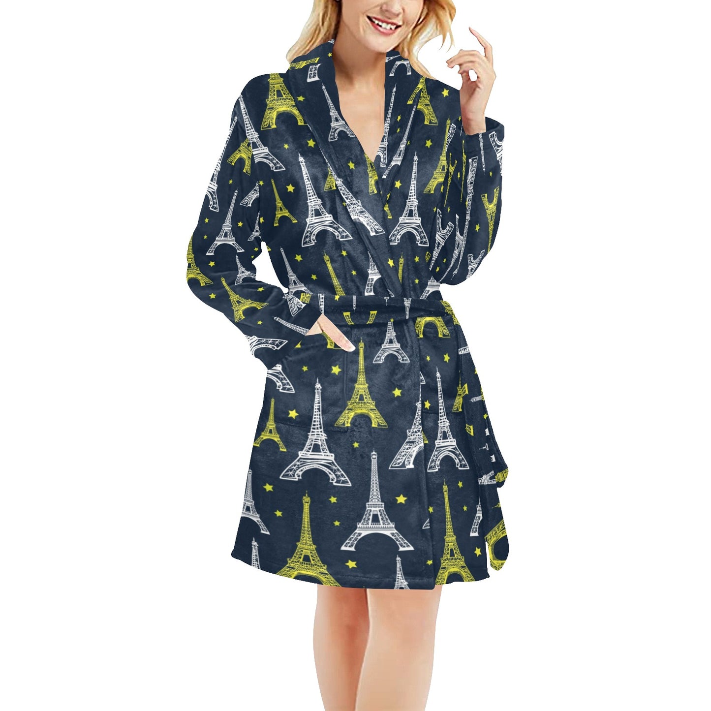 Eiffel Tower Star Print Women's Fleece Robe
