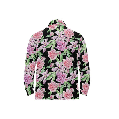 Peony Pattern Print Design PE08 Long Sleeve Polo Shirt For Men's