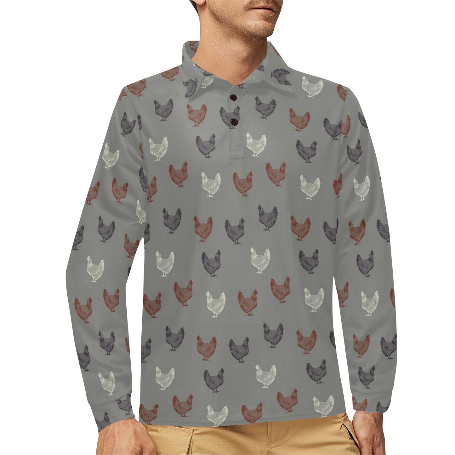 Chicken Pattern Print Design 01 Long Sleeve Polo Shirt For Men's