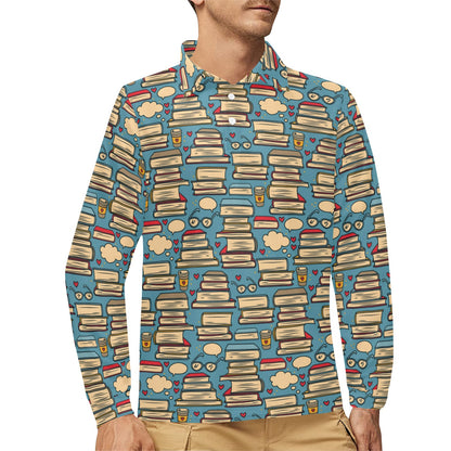 Book Pattern Print Design 03 Long Sleeve Polo Shirt For Men's