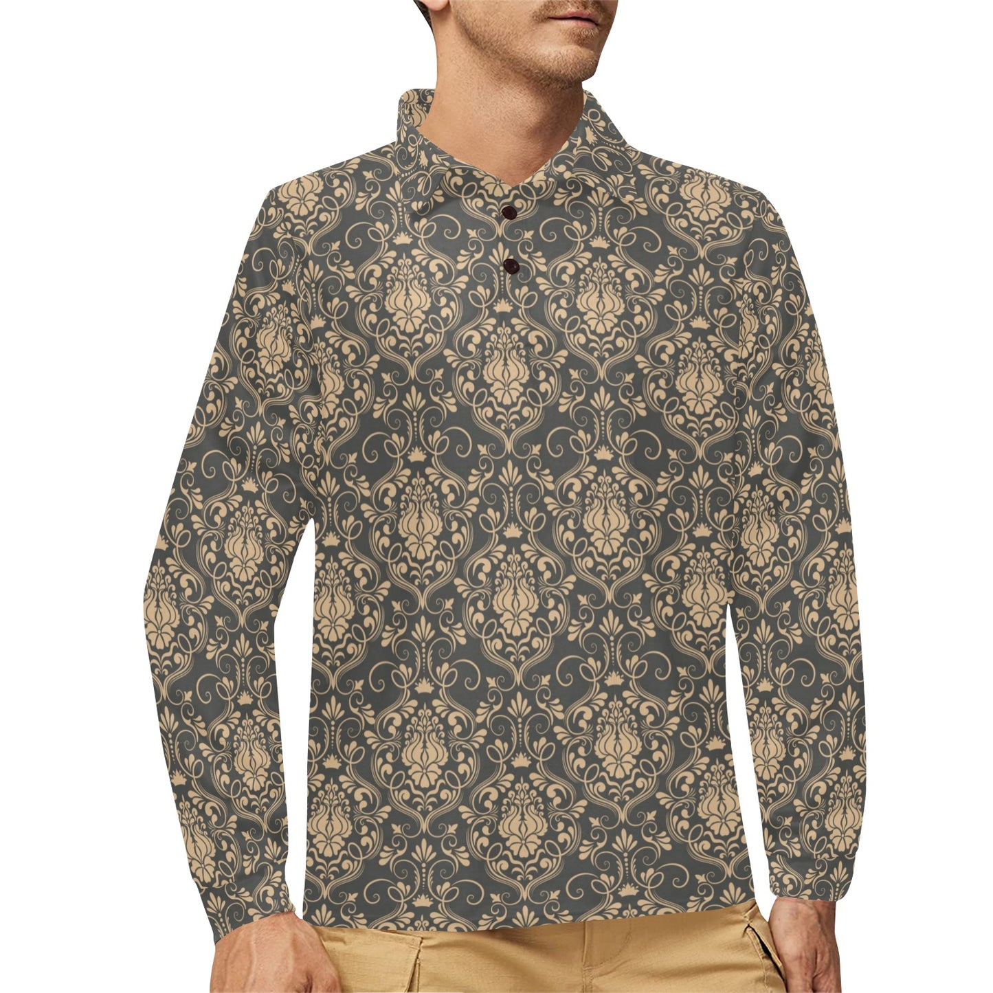 Damask Elegant Luxury Print Pattern Long Sleeve Polo Shirt For Men's