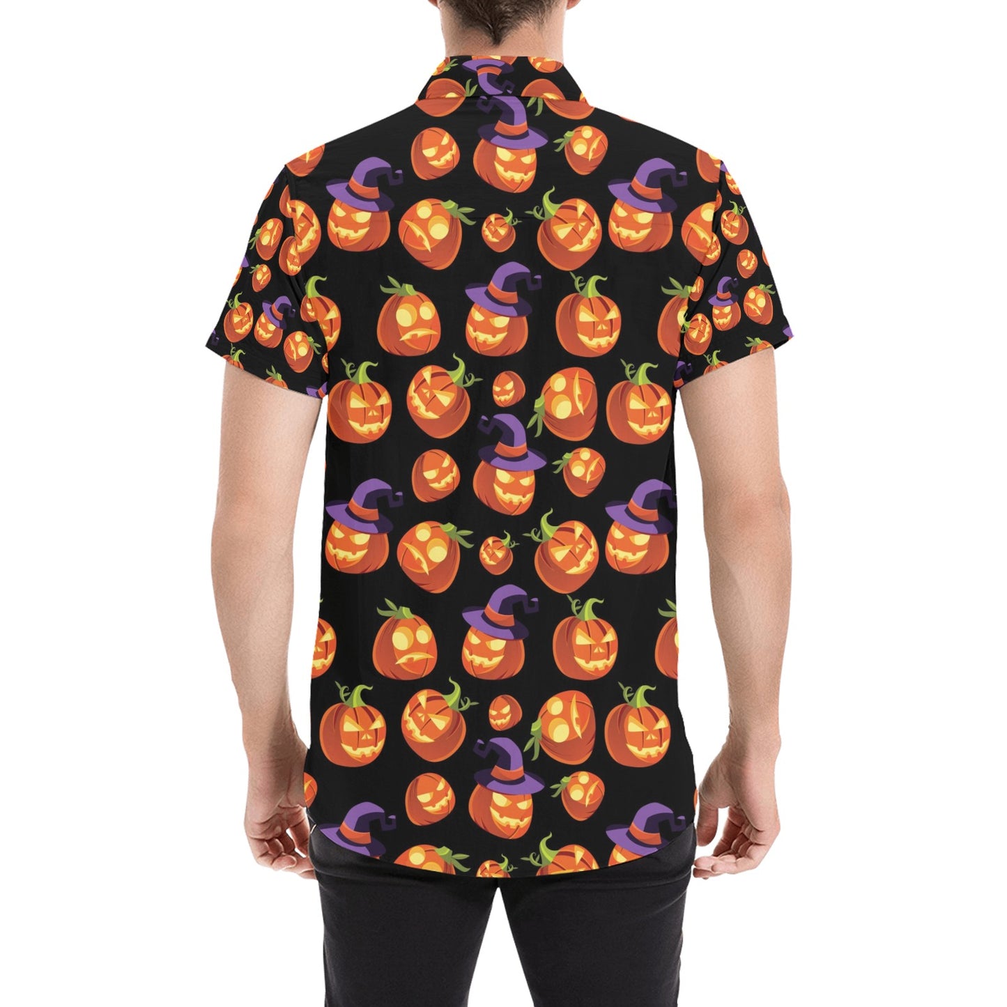 Witch Pumpkin Halloween Print LKS302 Men Short Sleeve Button Up Shirt
