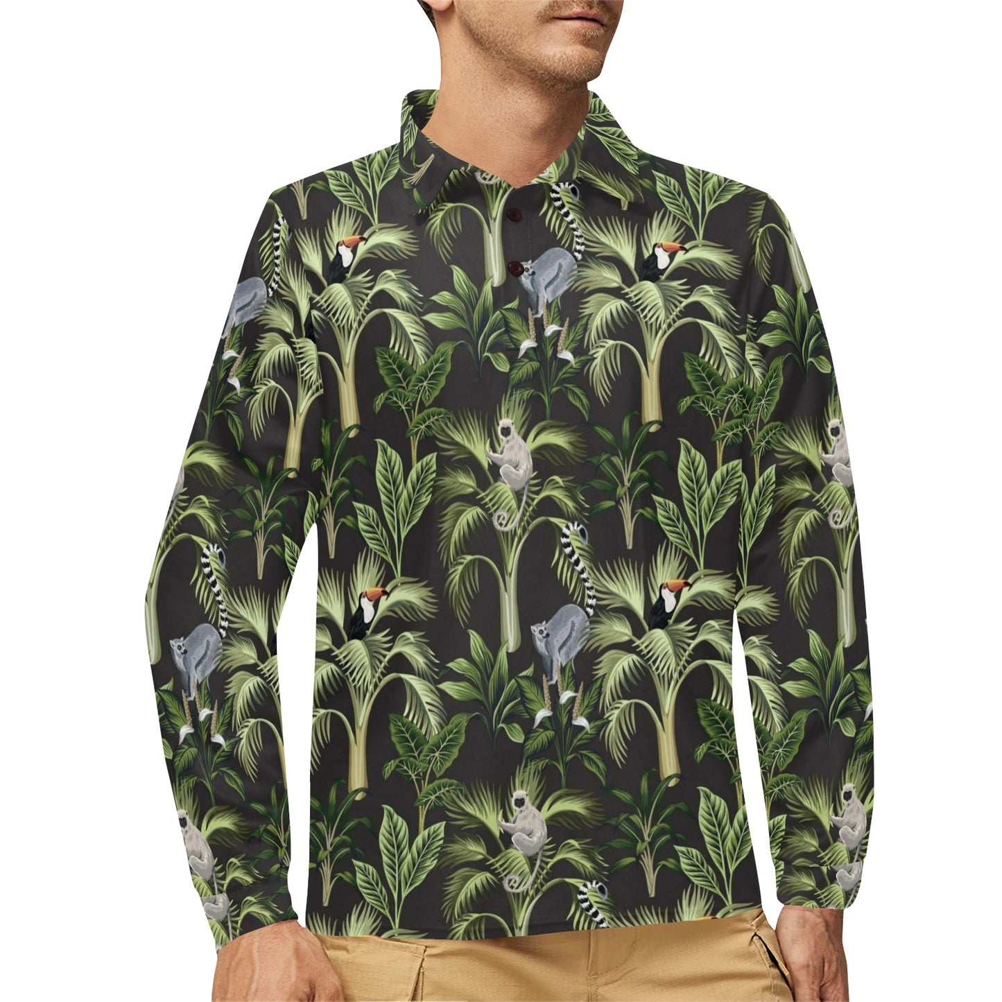 Rainforest Pattern Print Design RF05 Long Sleeve Polo Shirt For Men's