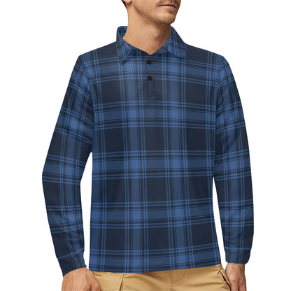 Tartan Blue Print Design LKS304 Long Sleeve Polo Shirt For Men's