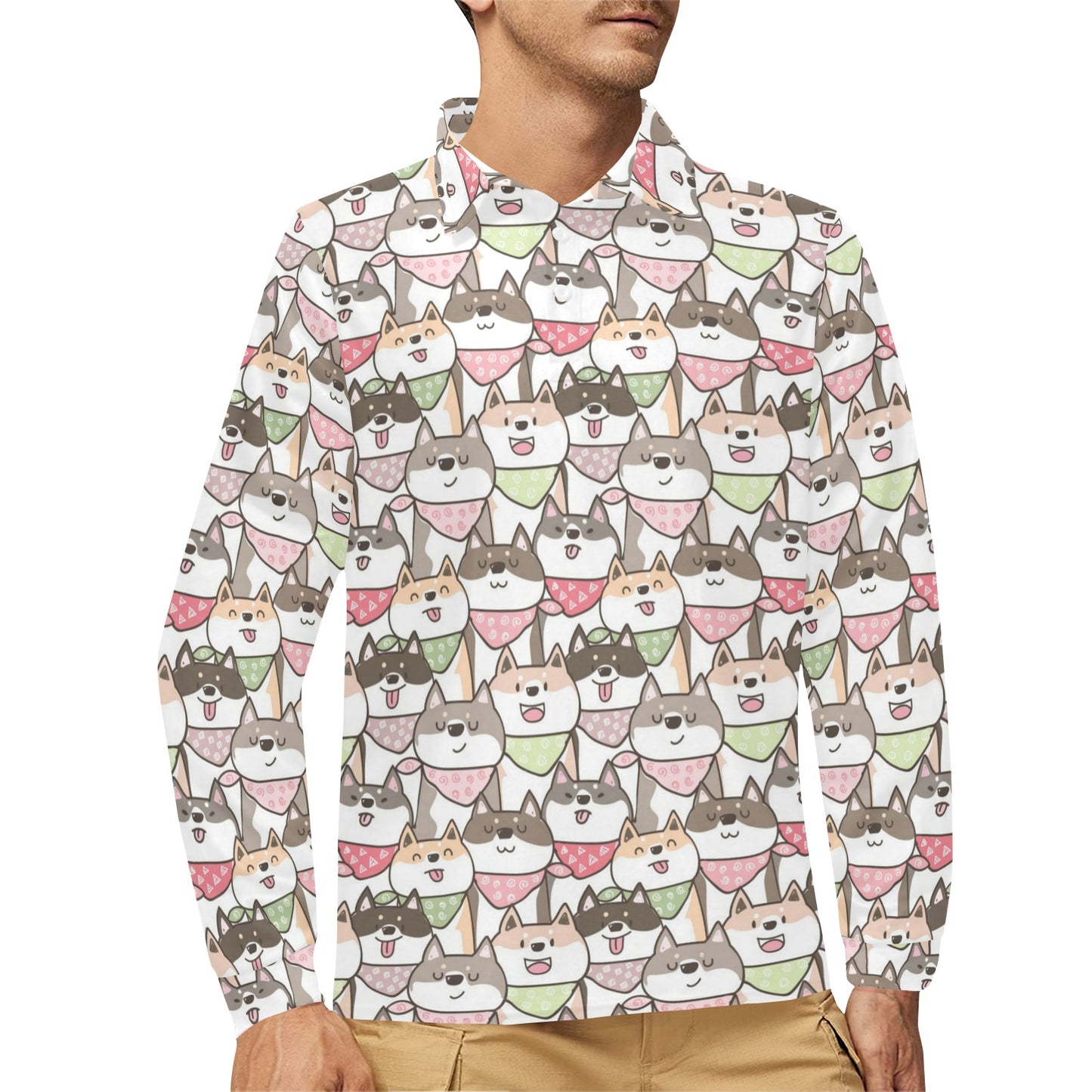Shiba Inu Print Design LKS305 Long Sleeve Polo Shirt For Men's