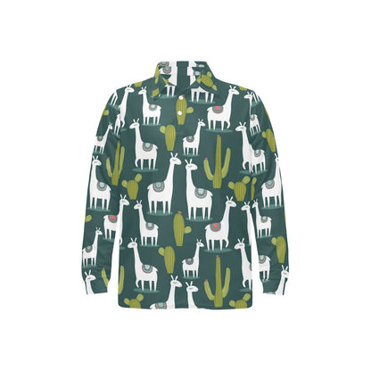 Llama Cactus Pattern Print Design 02 Long Sleeve Polo Shirt For Men's