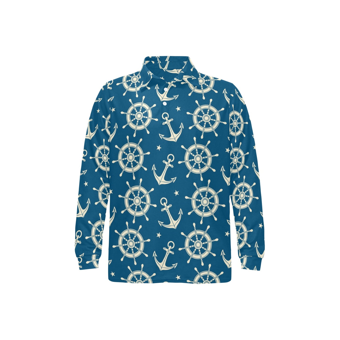 Anchor Pattern Print Design 01 Long Sleeve Polo Shirt For Men's