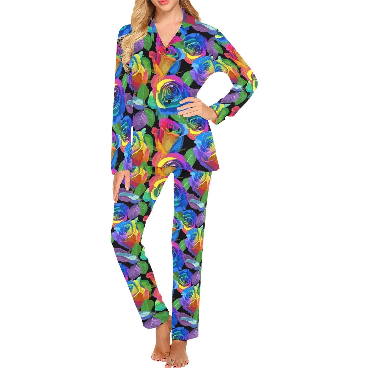 Rose Pattern Print Design RO02 Women's Long Pajama Set