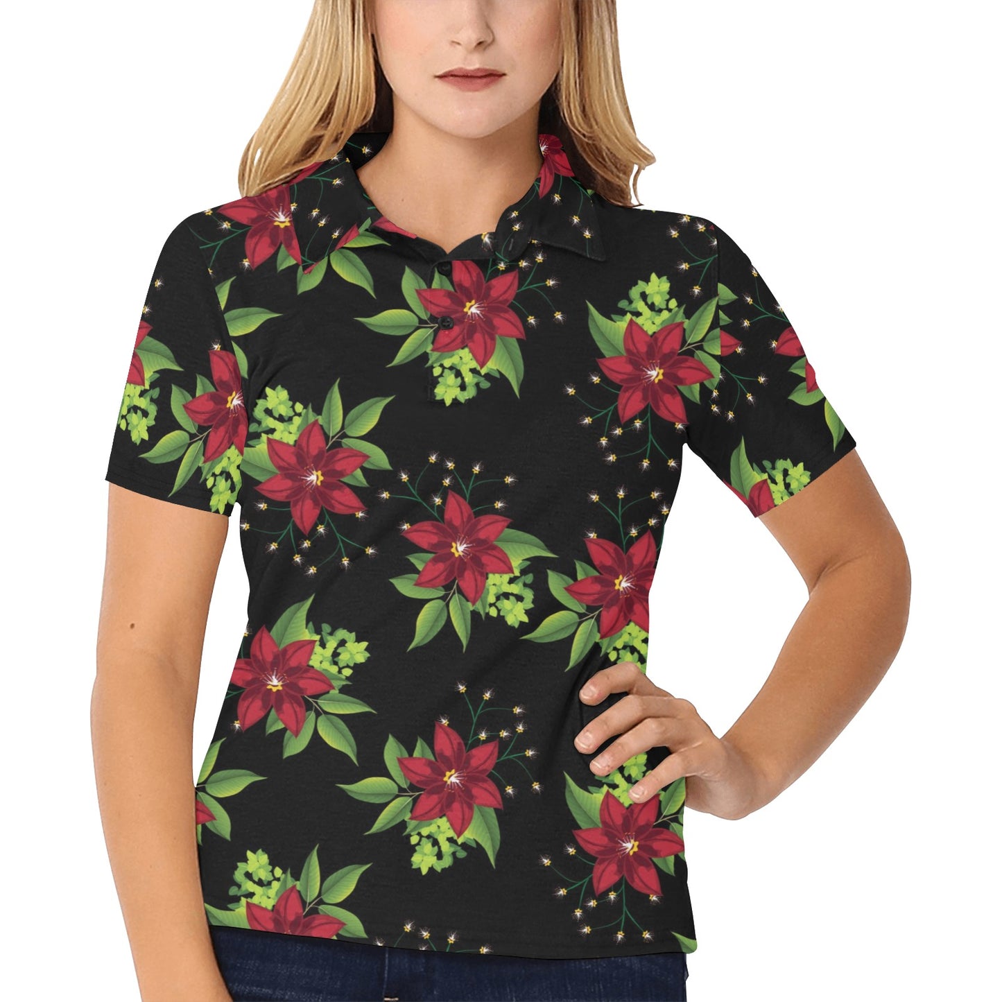 Poinsettia Pattern Print Design A01 Women's Polo Shirt