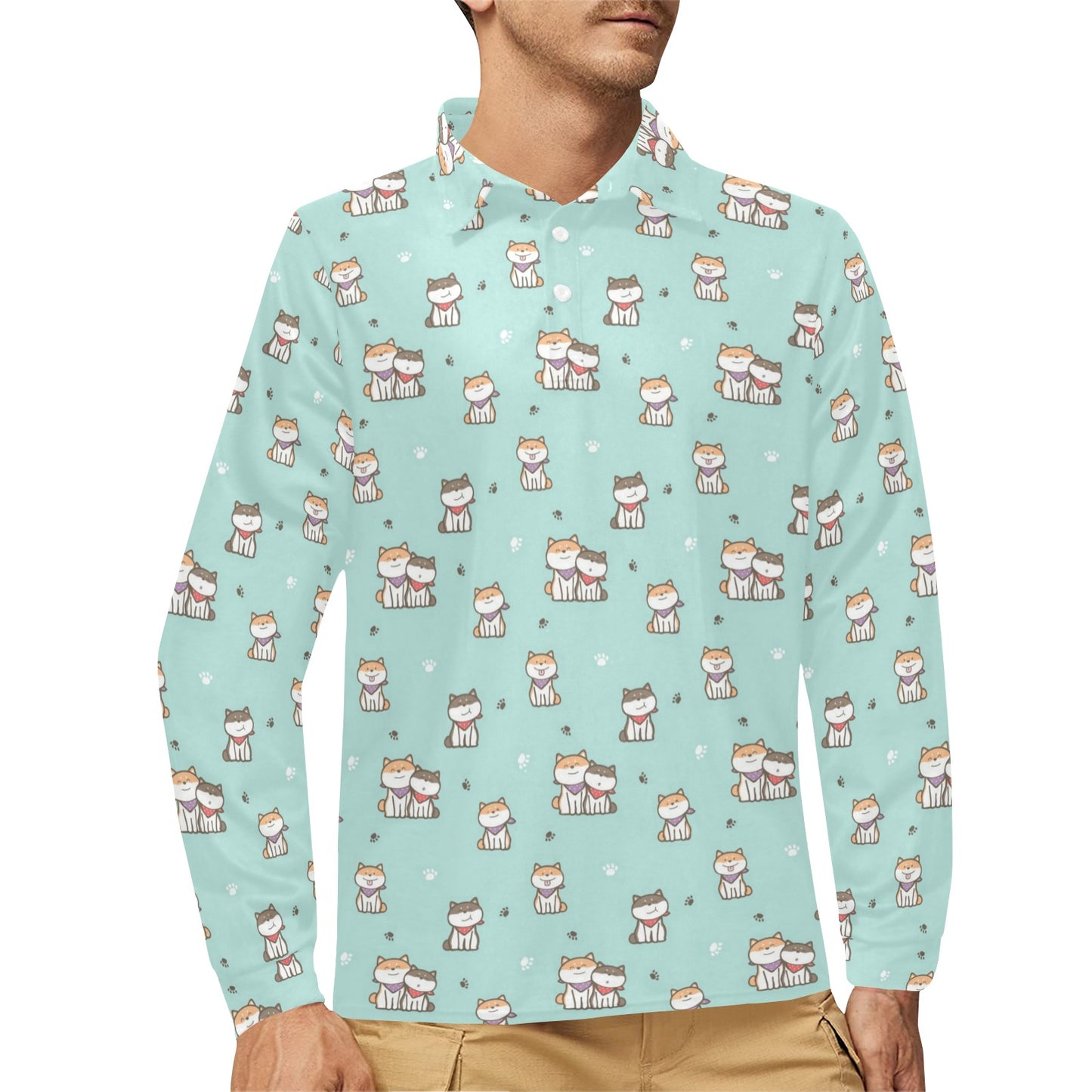 Shiba Inu Print Design LKS302 Long Sleeve Polo Shirt For Men's