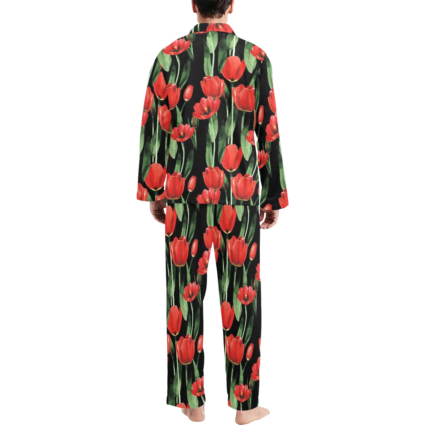 Tulip Red Pattern Print Design TP03 Men's Long Pajama Set