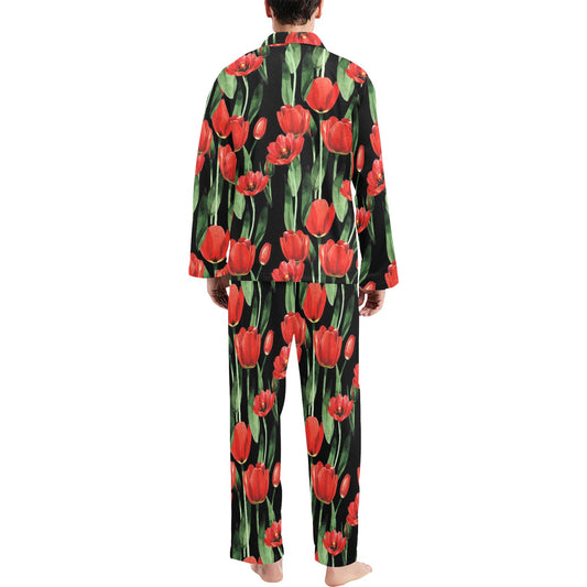 Tulip Red Pattern Print Design TP03 Men's Long Pajama Set
