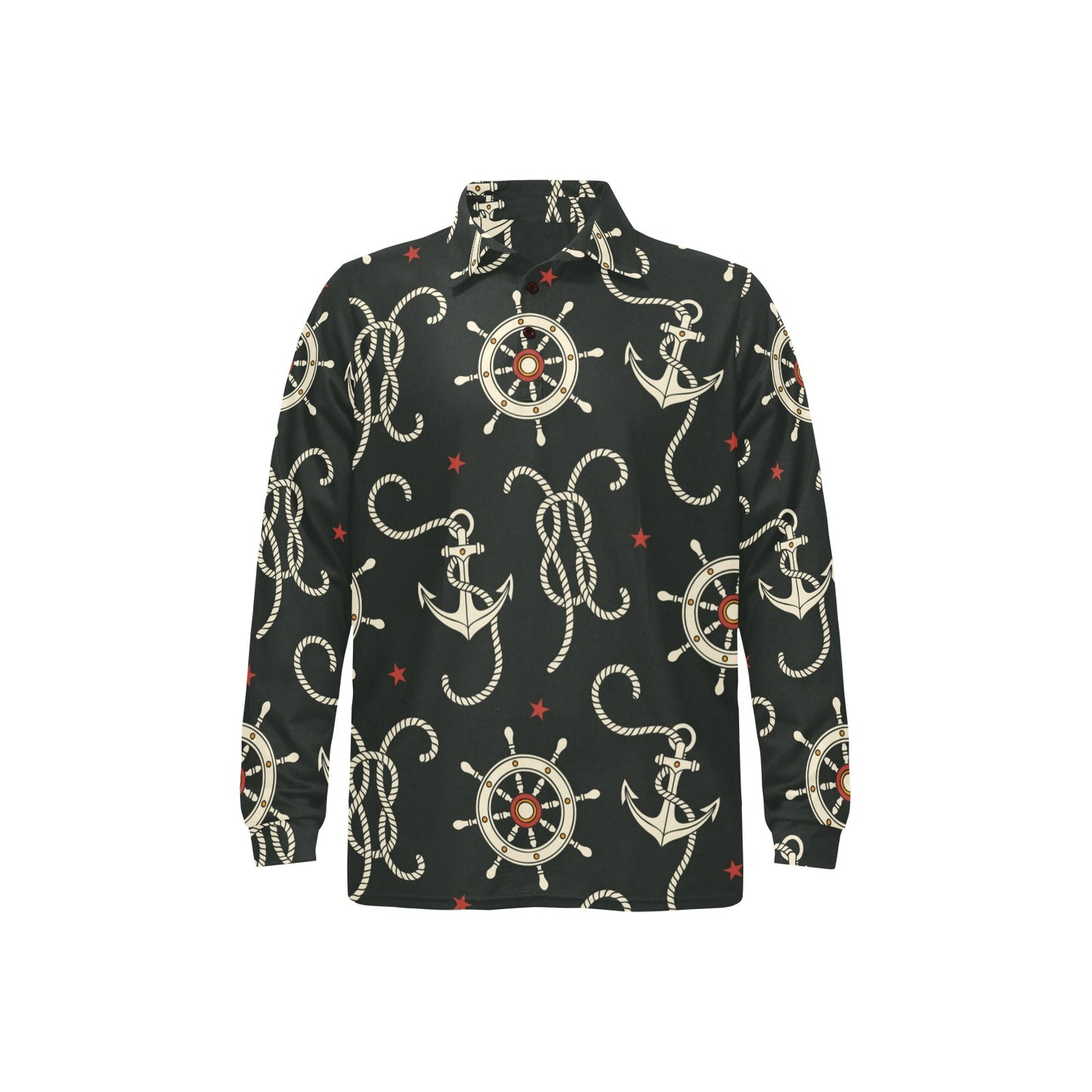 Nautical Anchor Pattern Long Sleeve Polo Shirt For Men's