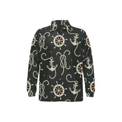 Nautical Anchor Pattern Long Sleeve Polo Shirt For Men's