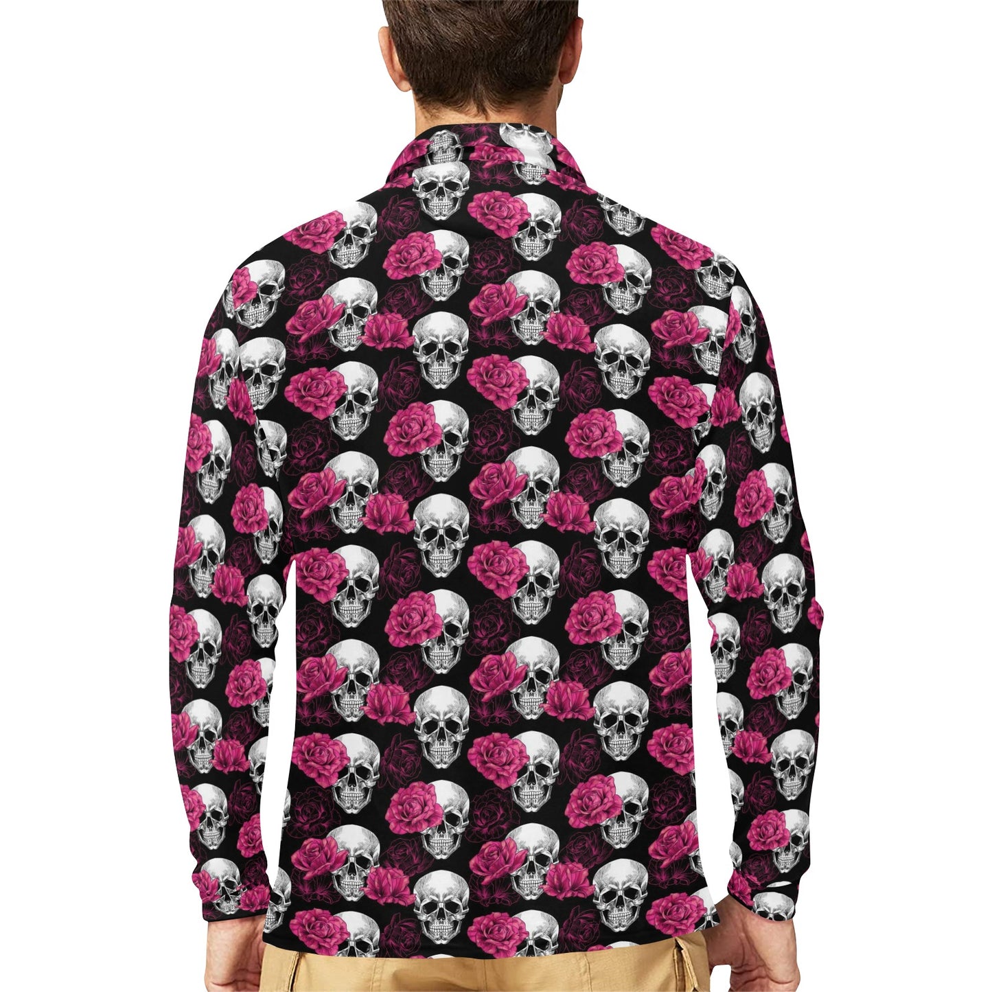 Pink Rose Skull Themed Print Long Sleeve Polo Shirt For Men's
