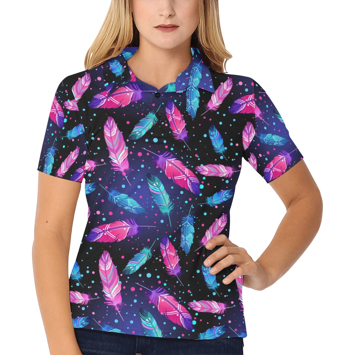 Feather Colorful Boho Design Print Women's Polo Shirt