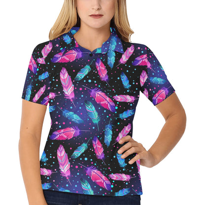 Feather Colorful Boho Design Print Women's Polo Shirt