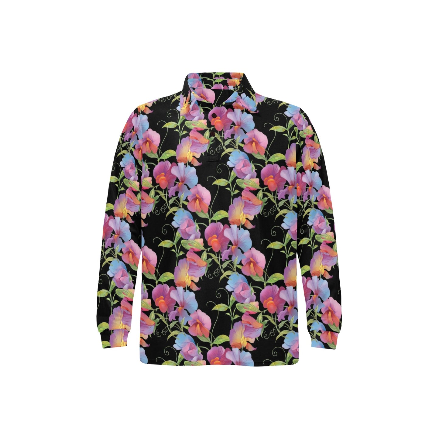 Peony Pattern Print Design PE012 Long Sleeve Polo Shirt For Men's