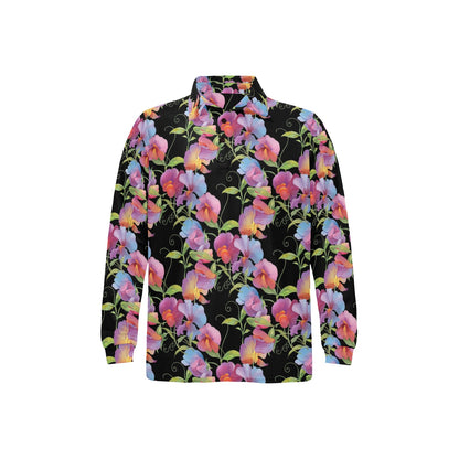 Peony Pattern Print Design PE012 Long Sleeve Polo Shirt For Men's