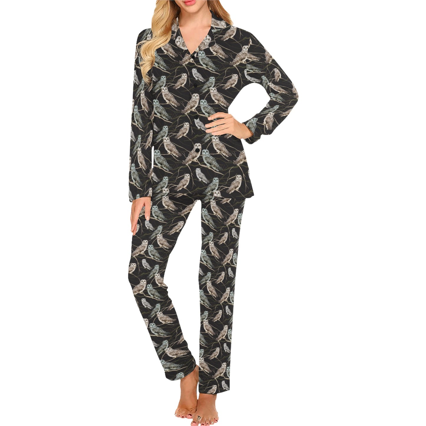 Owl Branch Themed Design Print Women's Long Pajama Set