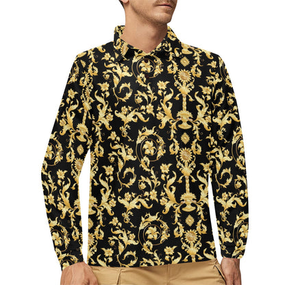 Baroque Golden Pattern Print Design 04 Long Sleeve Polo Shirt For Men's