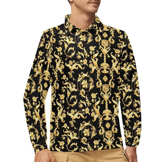 Baroque Golden Pattern Print Design 04 Long Sleeve Polo Shirt For Men's