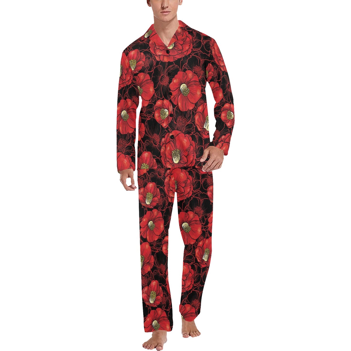 Camellia Pattern Print Design CM06 Men's Long Pajama Set