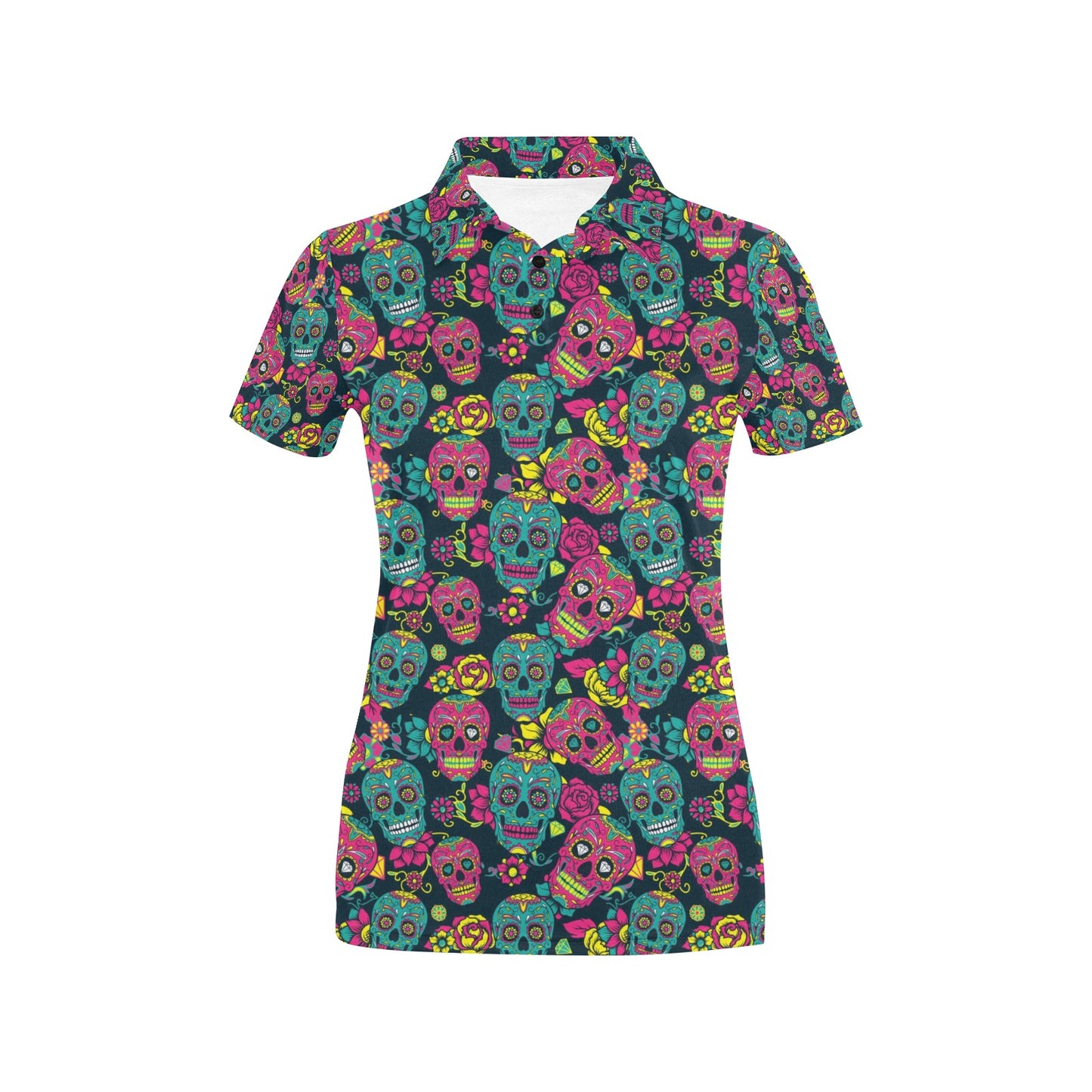 Sugar Skull Floral Design Themed Print Women's Polo Shirt