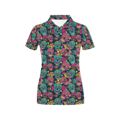 Sugar Skull Floral Design Themed Print Women's Polo Shirt