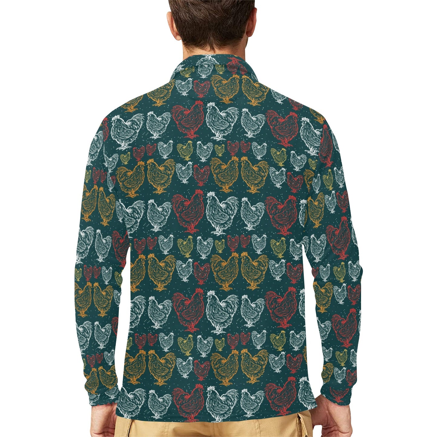 Rooster Hand Draw Design Long Sleeve Polo Shirt For Men's
